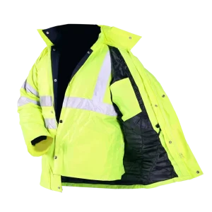 100% Polyester Oxford PU Coated Yellow Fluorescence Hivi Reflective Quilted Jacket Winter Stand Collar Seam sealed 5in1 Parka