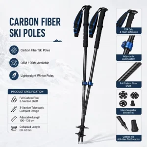 3 Section Full Carbon Adjustable Ski Poles Compact Touring Snow Poles for Travel OEM ODM
