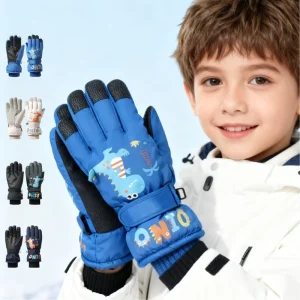 5-10-Year-Old Boys’ and Girls’ Cartoon Dinosaur Waterproof Windproof Winter Ski Gloves for Children