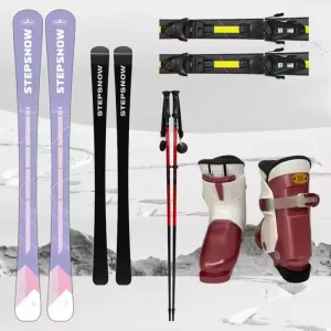 Adult Alpine Ski Set with Poles, Bindings, Ratchet Buckle Boots for Snowboarding and Skiing