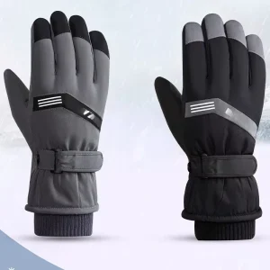 Black Gray Two Tone Ski Gloves Reflective Strip Adjustable Wrist Strap Knitted Cuff Waterproof Polyester Fleece Lined