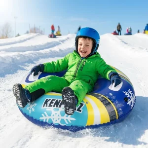 Blue PVC Foldable Inflatable Snow Tube with Handle Grips and Rope