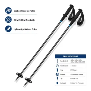 Carbon Fiber Lightweight Fixed Length Alpine Ski Poles With EVA Grip High Strength Durable Adjustable Wrist Strap