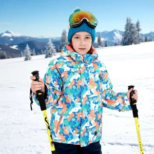 Children’s Winter Printed Ski Jacket Hooded Zipper 10 000mm Waterproof for Fleece Insulated Unisex
