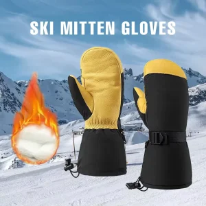 Cowhide Waterproof Breathable Textured Leather Ski Gloves with Knit Wrist Cuff