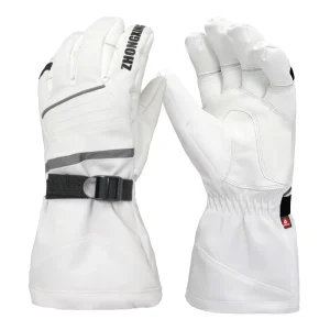 Custom Logo White Breathable Winter Warm Waterproof Windstopper Touch Screen Belt Tightening Ski Gloves