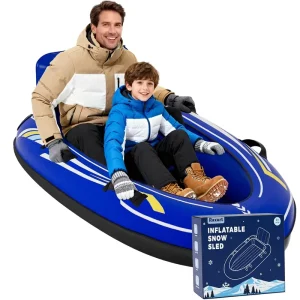 Heavy-Duty 2-Person Inflatable Snow Sled with Canvas PVC Cover, Backrest, and Anti-Skid Strips
