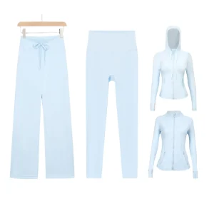 In Stock Women’s Solid Spring Four Piece Set Hooded Jacket Slim Fit Stretchy Sports Cropped Pants Straight Leg Pants