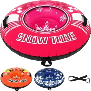 Inflatable Snow Tube, 42/52 Inch, Oxford Cover, Tow Strap, Pink