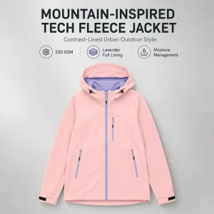 JuFeng Co Branded Clothing Manufacture Men 330 GSM Poly Cotton Tech Fleece Hooded Jacket With Lavender Lining And Zip Pockets