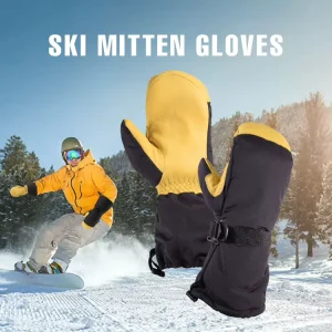 Leather Waterproof Snowboarding and Ski Gloves with Knit Wrist Cuffs for Men