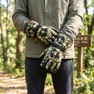 Men’s Green Camouflage Split Finger Waterproof Windproof Non Slip Quick Drying Stretch Adjustable Drawstring Gloves Skiing