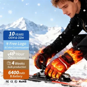 Men’s Leather Winter Touch Screen Electric Powered Waterproof 7.5V Rechargeable Battery Smart Heated Pull On Gloves