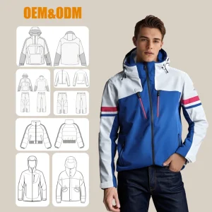 OEM Custom Men’s Waterproof Breathable Ski Jacket Winter Windproof Warm Printed T400 Material Hooded Zipper Closure