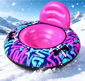 PVC Inflatable Snow Tube with Cover & Backrest Heavy Duty Towable Sled for Winter Outdoor Fun