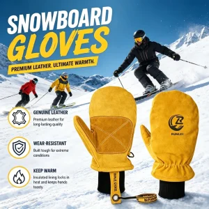 Pigskin Leather Waterproof Snowboarding Mittens for Men and Women