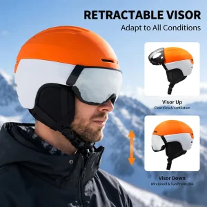 Ski Helmet with Two-Piece Shell, Retractable Visor, and Integrated Goggle CE 1077