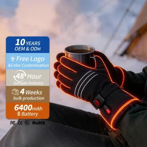 Touch Screen Electric Battery Powered Waterproof Breathable Heated Full Finger Men’s Winter Riding Gloves Pull Closure