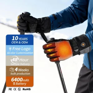 Touch Screen Electric Battery Powered Waterproof Breathable Heated Full Finger Men’s Winter Riding Gloves Pull Closure