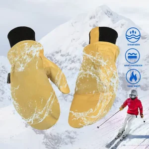 Windproof Pigskin Leather Ski Gloves Waterproof Winter Mittens for Men and Women
