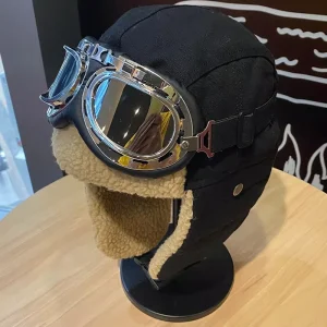 Winter Aviator Hat with Goggles Retro Pilot Cap Ear Flap Shearling Lined for Men and Women