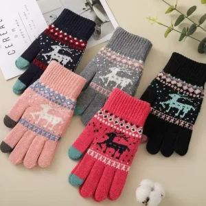 Winter Knitted Gloves Full Finger Touchable Screen Jacquard Gloves Warm Women’S Outdoor Trendy Female Clothing Accessories Decor