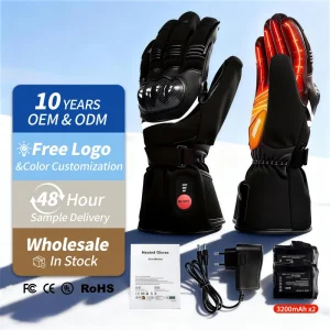 Winter Motorcycle Gloves with Rechargeable Battery, Leather Hand Warmer, Heated Full-Finger Waterproof UV Protection for Skiing and Cycling