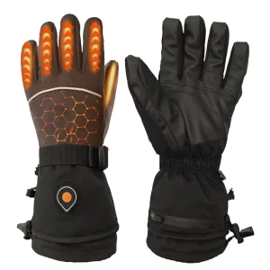 Winter Ski Gloves Rechargeable Waterproof Windproof Battery Heating Non Slip Full Finger Drawstring Closure PU Leather Men