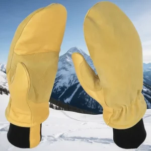 Winter Warm Leather 1.0mm Thick Ski Mitten Snowboarding Gloves with 5 Finger Tear Resistant Powder Free Design