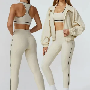 Women 3-Piece Solid Yoga Set High-Waist Leggings Sports Bra Long-Sleeve Jacket Fitness Tracksuit