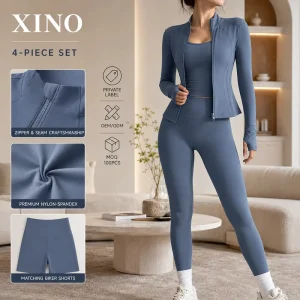 Yoga Set Women Solid Breathable 4 Piece Zip up Jacket Sports Bra High Waist Leggings Biker Shorts 4 Way Stretch OEM ODM Custom